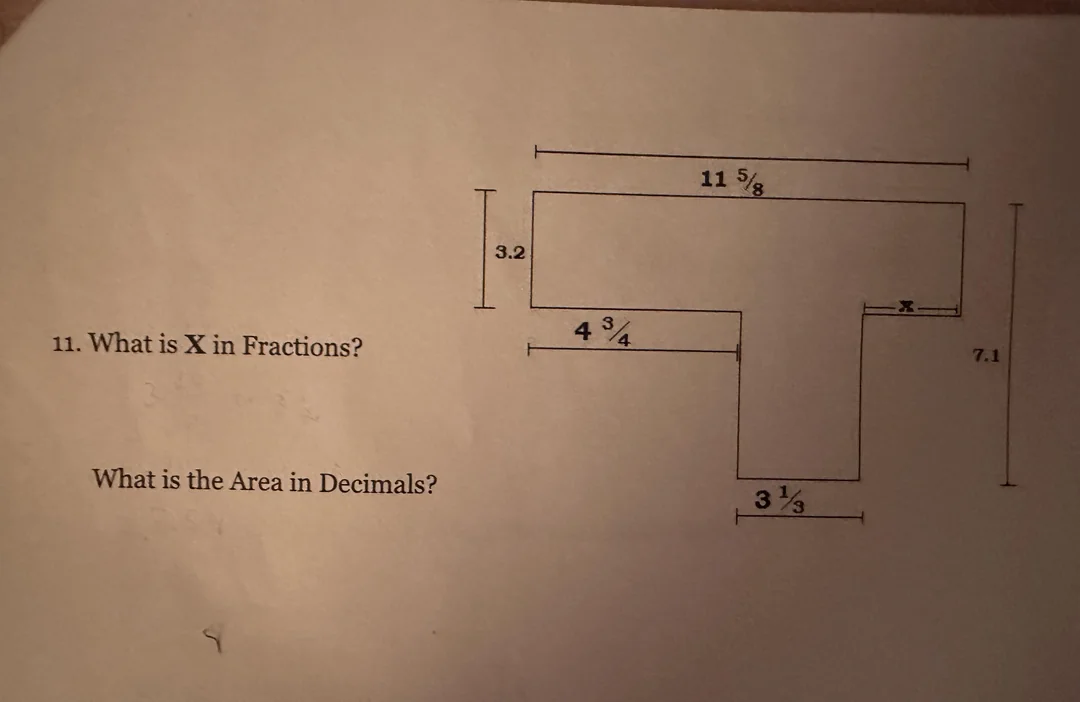 Worksheet problem: find x in fractions and area of a T-shaped composite figure