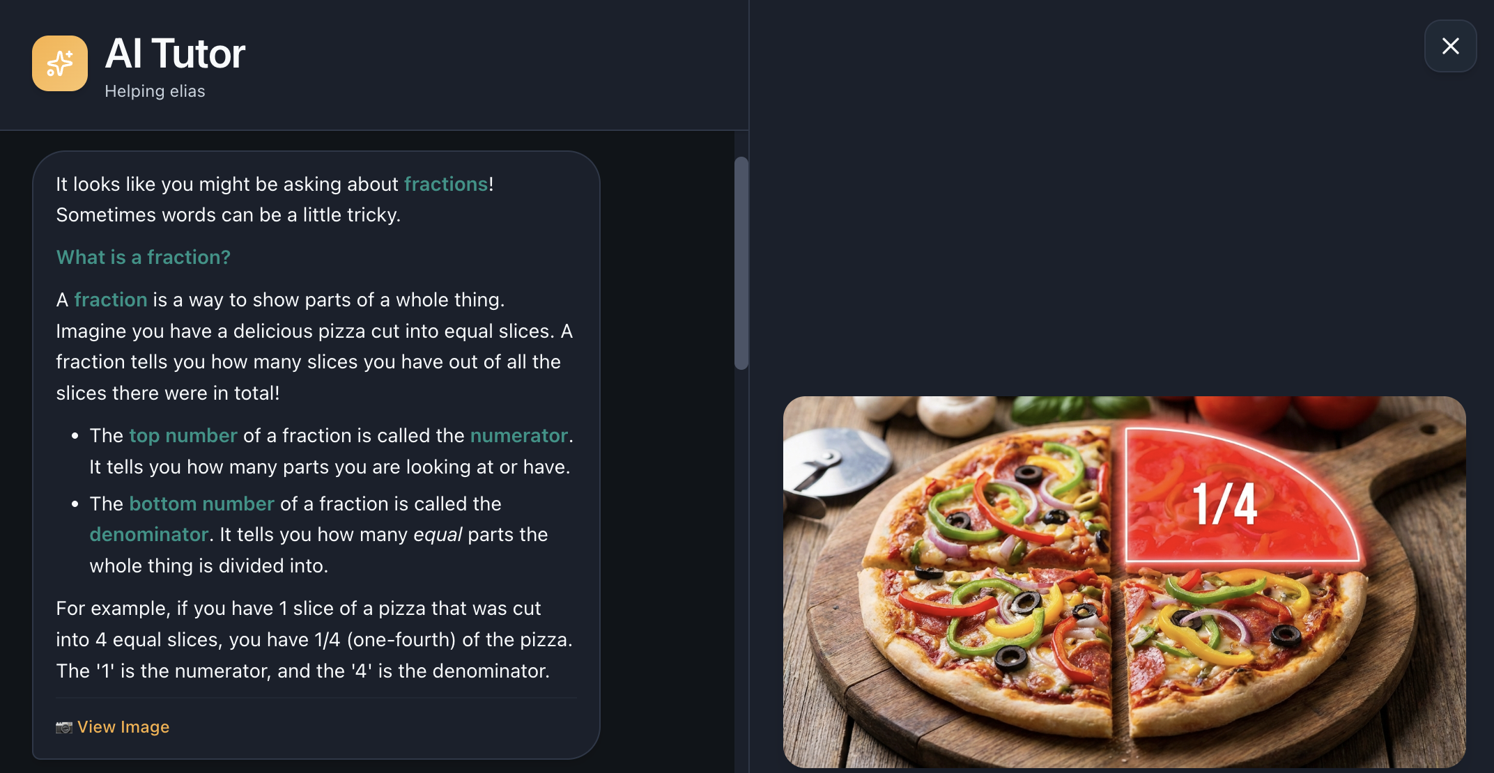 Gradulo AI Tutor explaining fractions with a pizza illustration