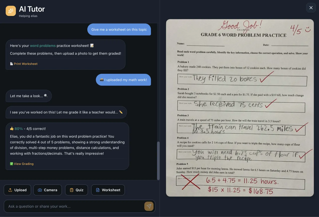 AI Tutor grading a Grade 6 word problem worksheet showing detailed feedback with checkmarks and corrections